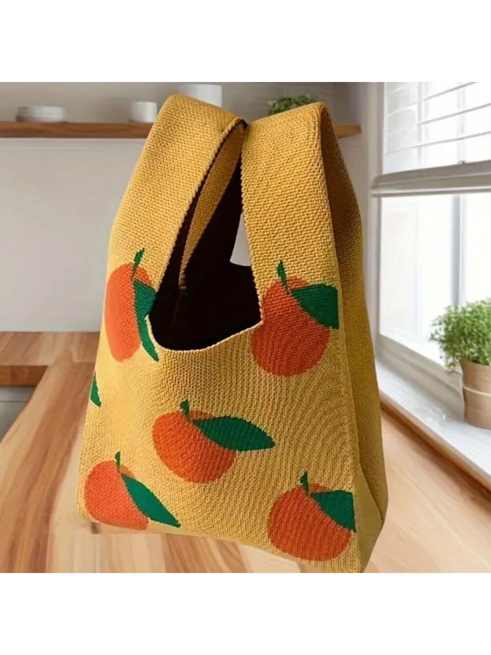 Heavy Woven Knit Orange Pattern Tote Purse Bag Japanese Knot  Closure Style